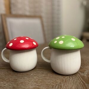 SOLD🍄Set: 2 World Market Coffee/Tea Mugs & Red/Green Polka Dot MUSHROOM Design